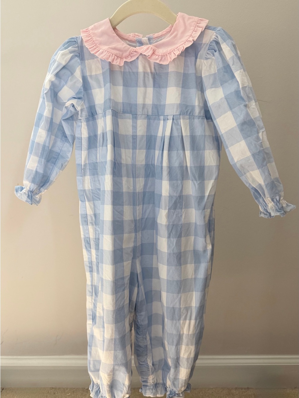 James & Lottie Blue & White Gingham Romper with Pink Ruffle Collar